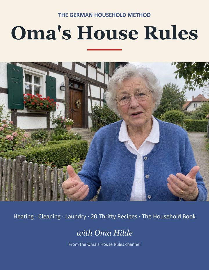 Cover of the book Oma's House Rules: The German Household Method, with Oma Hilde in front of a half-timbered house