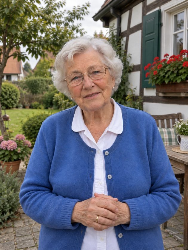 Oma Hilde smiling in her garden in front of her half-timbered house