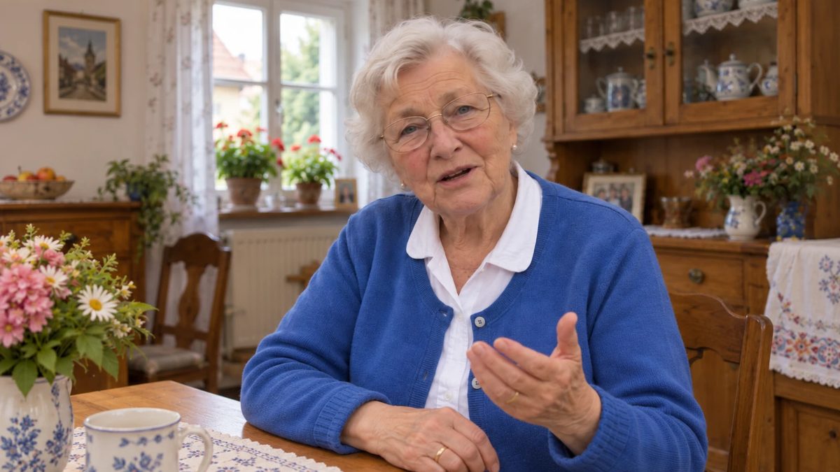 Oma Hilde talking at her kitchen table, with a coffee cup and flowers